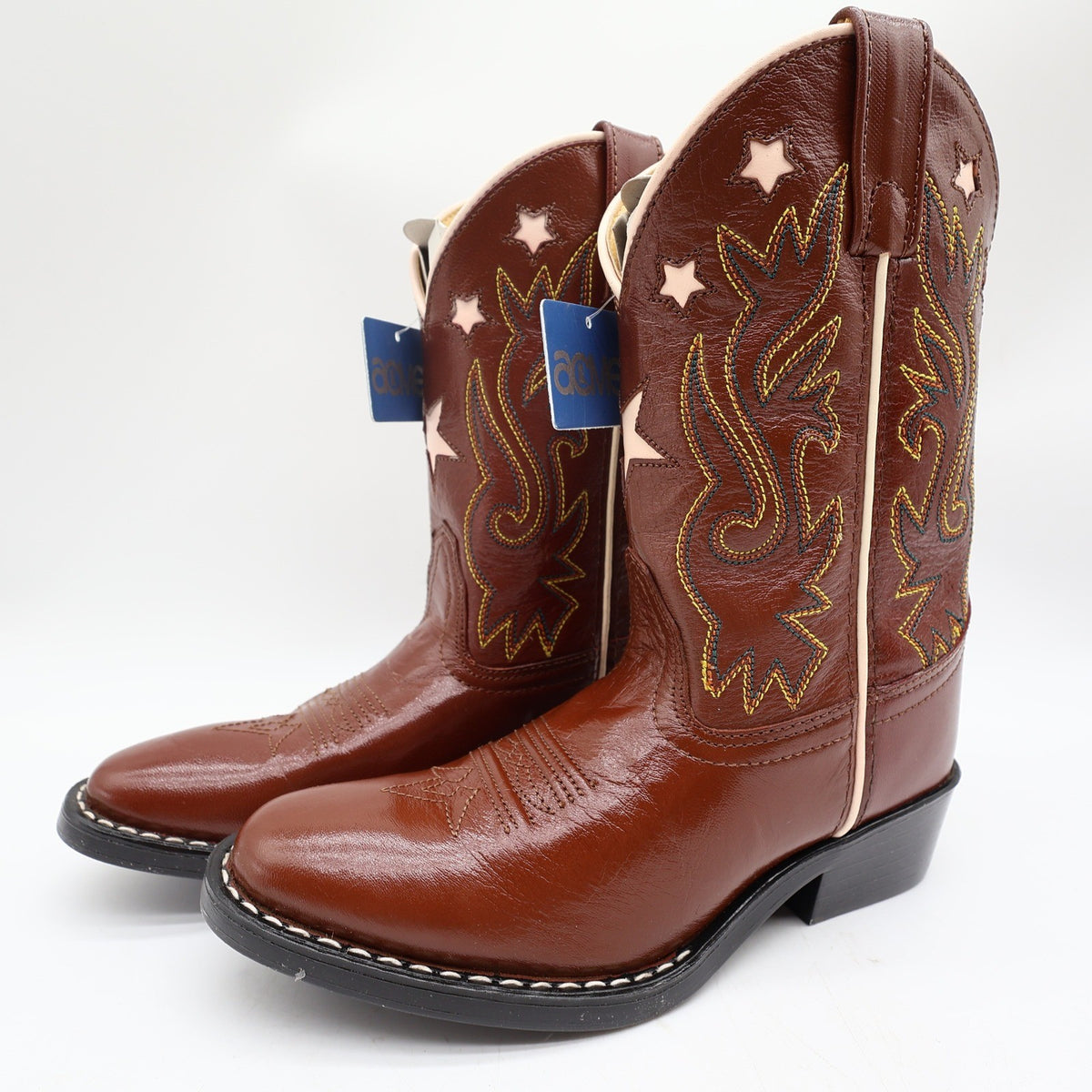 Acme Western Boots Childs 1 D Brown Star Inlay Leather New In Box Vintage Style - take2supply