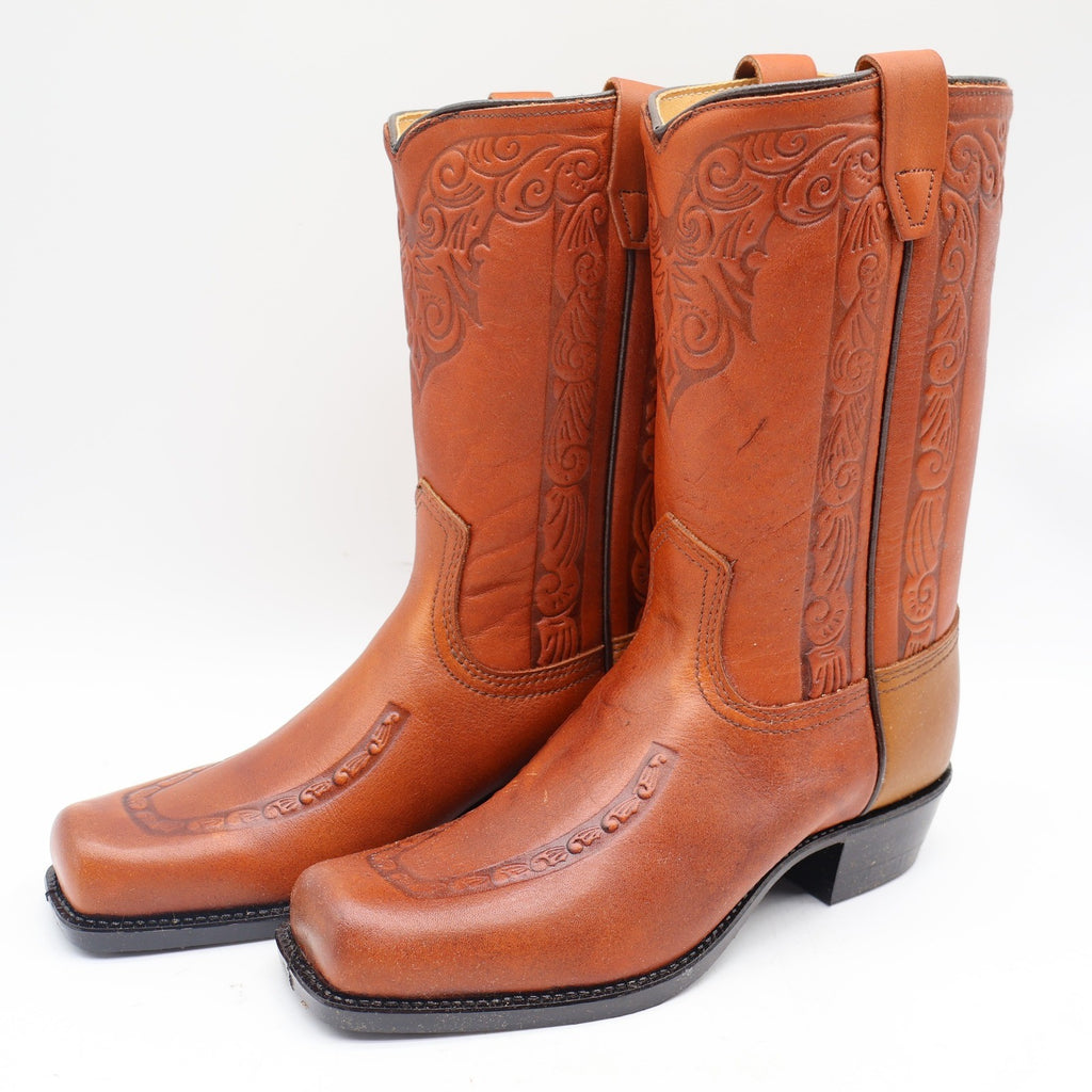 Acme Vintage Western Boots Kids 4.5D Tan Leather Square Toe Cowboy 2418 USA Made - take2supply