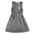 Front view of charcoal gray Esley sleeveless dress with textured pleats and a black belt