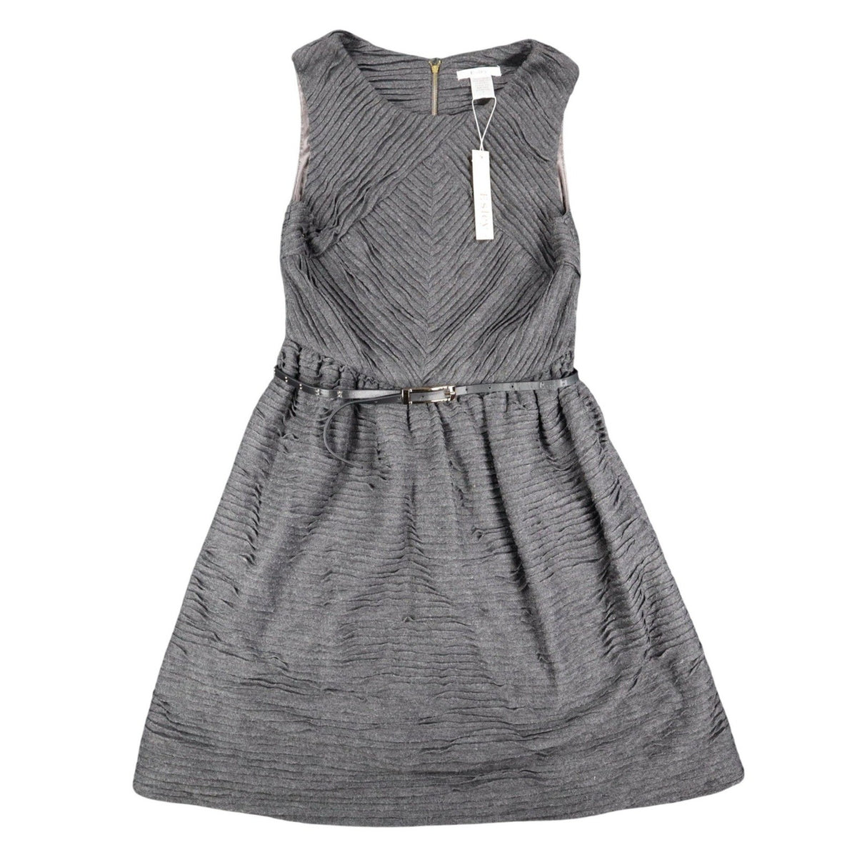 Front view of charcoal gray Esley sleeveless dress with textured pleats and a black belt