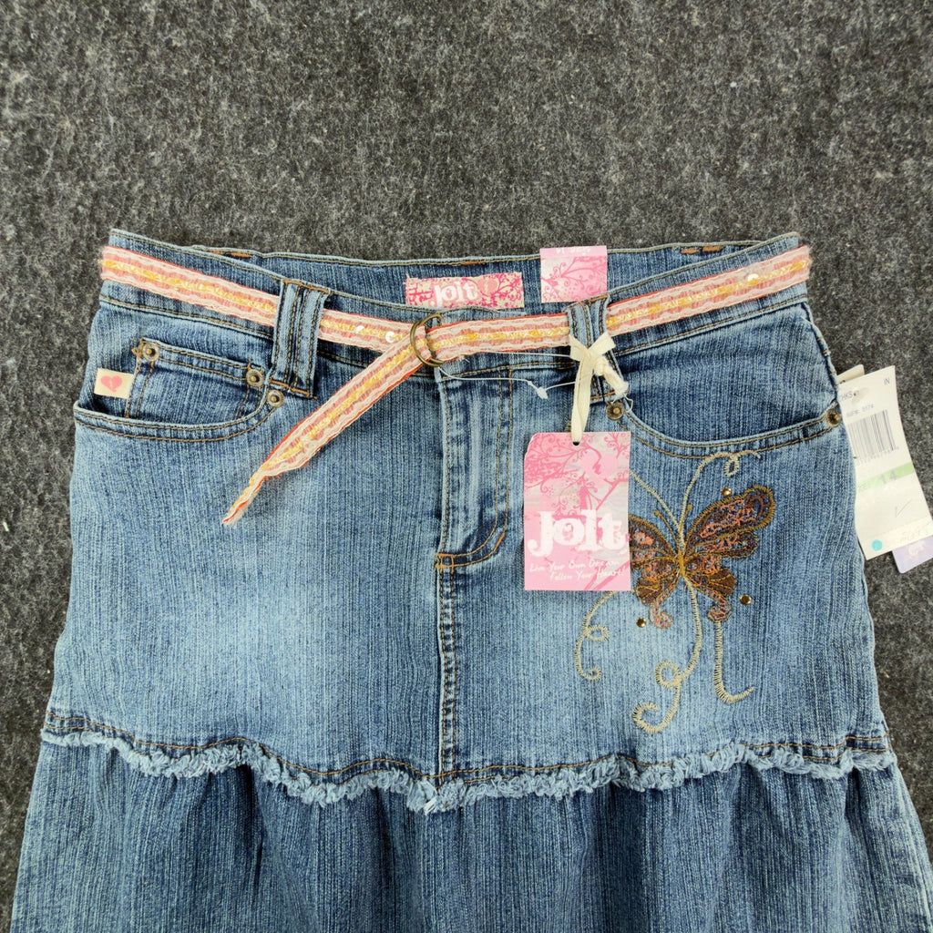 Jolt Y2K Butterfly Denim Skirt Girls 14 Blue Tiered Ruffle NWT - take2supply