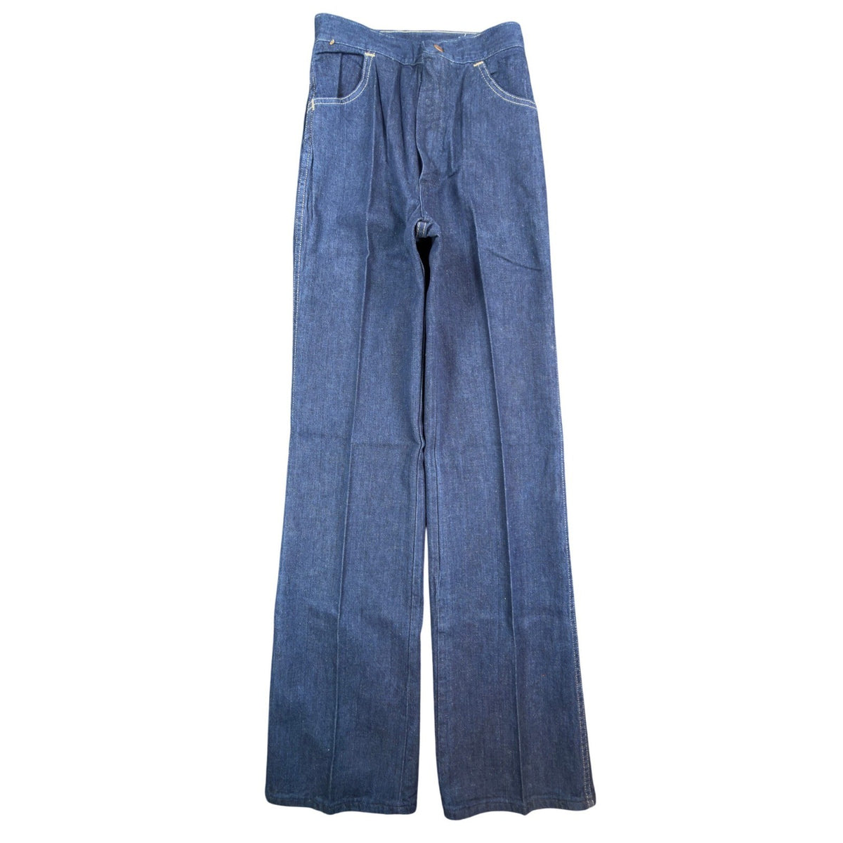 Blue Maverick flared jeans with embroidered horses at back waist, full front view