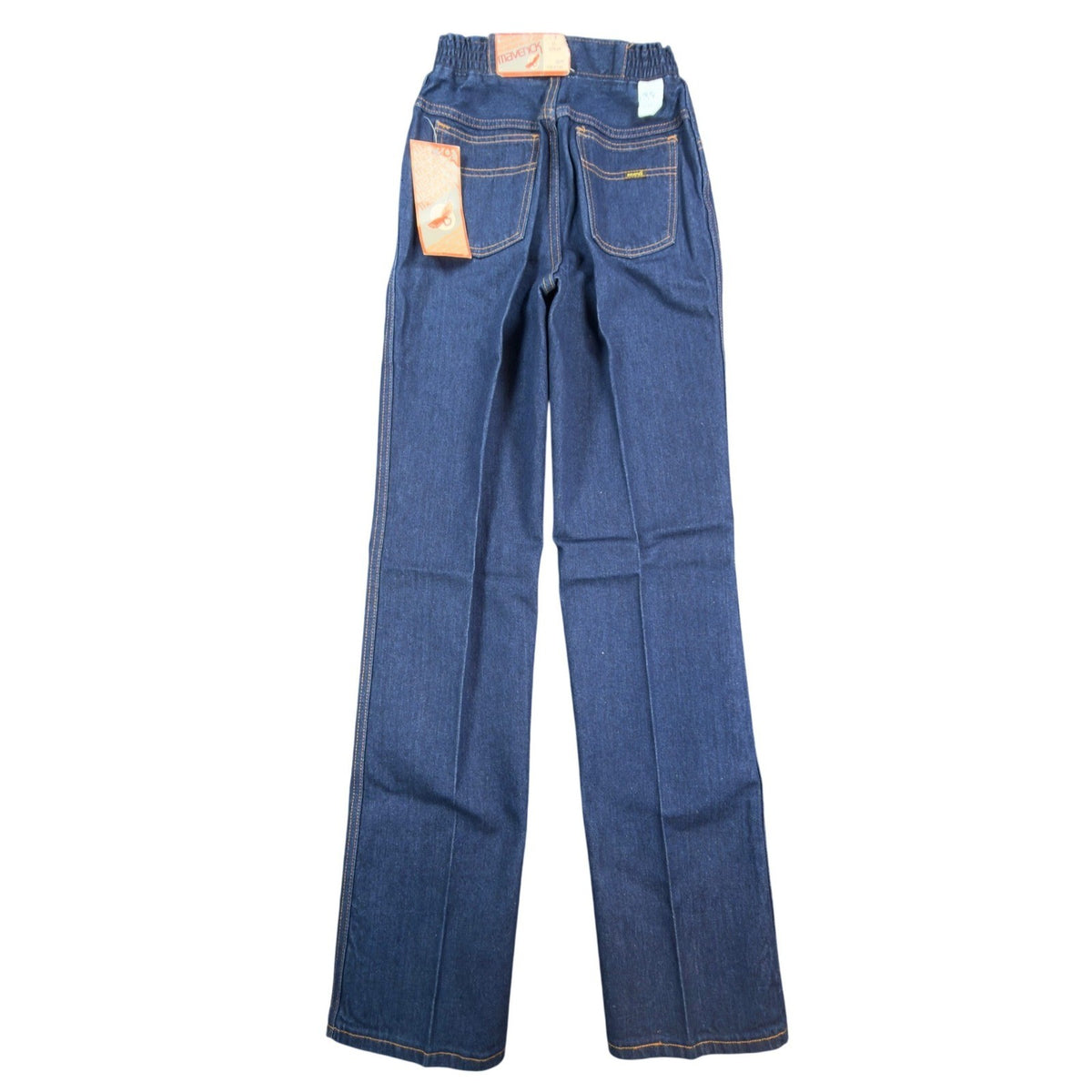 Blue Maverick flared jeans, full-length back view with tags