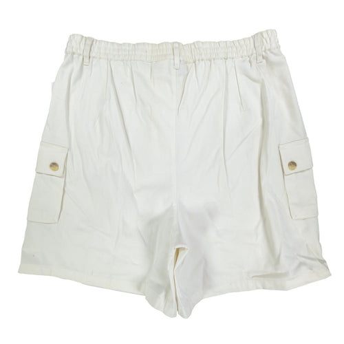 Back of ivory Argee cargo shorts showing elasticized waistband and side cargo pockets