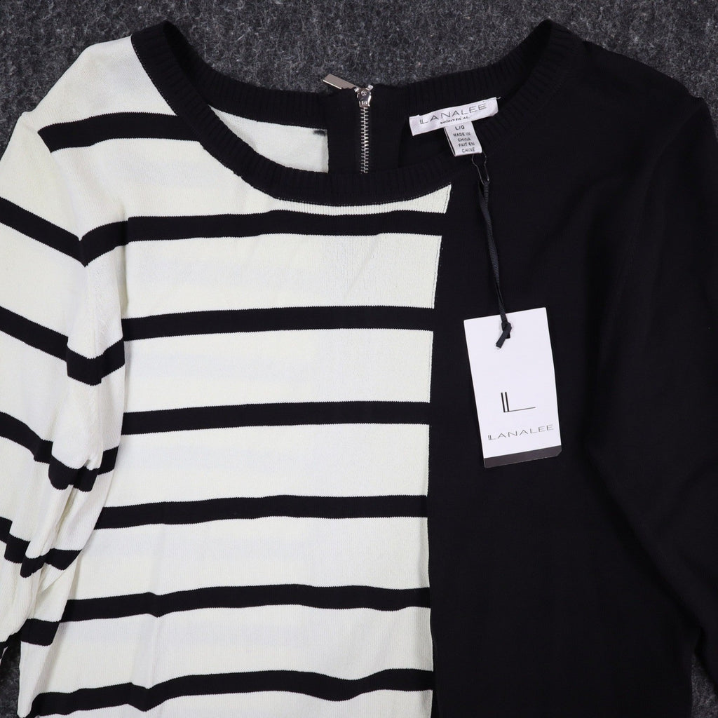 Lanalee Montreal Sweater Womens Large Black White Striped Colorblock Zip Back - take2supply