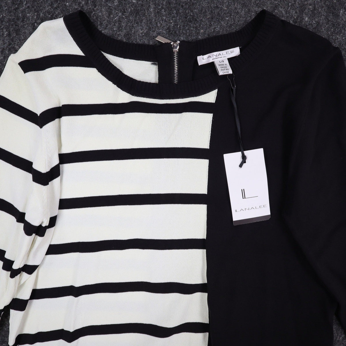 Lanalee Montreal Sweater Womens Large Black White Striped Colorblock Zip Back - take2supply