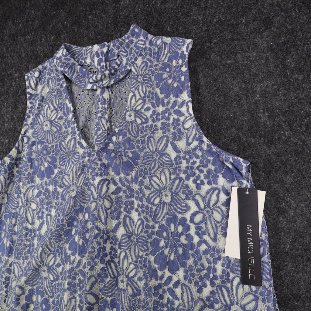 My Michelle Lace Sleeveless Top Womens Large Blue White Floral Choker Neck NWT - take2supply