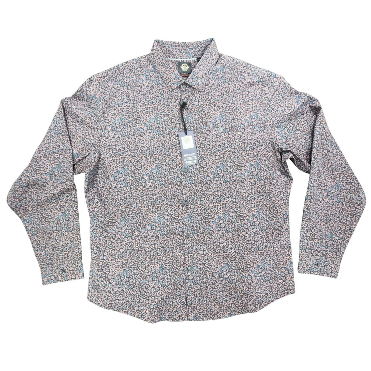 Front view of navy Dockers long-sleeve button-up shirt with pink floral print laid flat