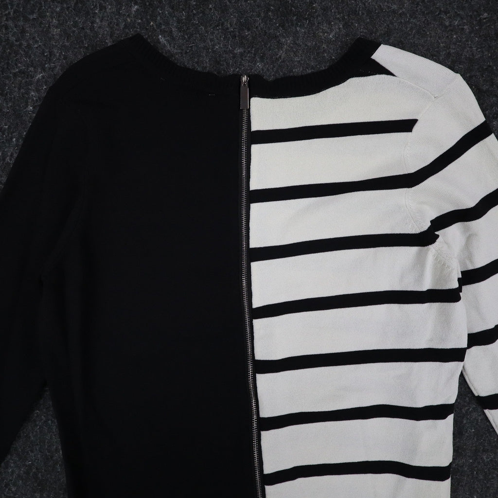 Lana Lee Sweater Womens M/L Black White Striped Colorblock Back Zip Knit Top - take2supply