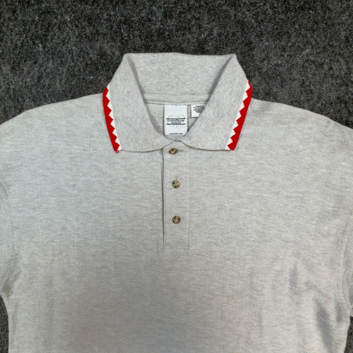 Vintage Cotton Deluxe Casuals Polo Shirt Mens L Gray Red Zig Zag Trim Y2K - take2supply