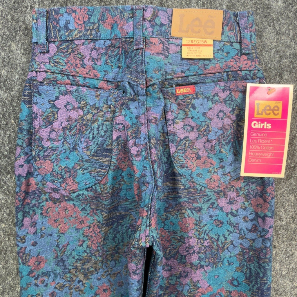Lee Vintage 90s Floral Jeans Girls 12 Reg Blue USA Made NOS NWT 25 Waist - take2supply