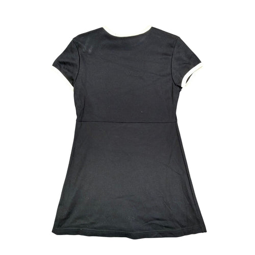 Black short-sleeve dress with cream trim, full back view