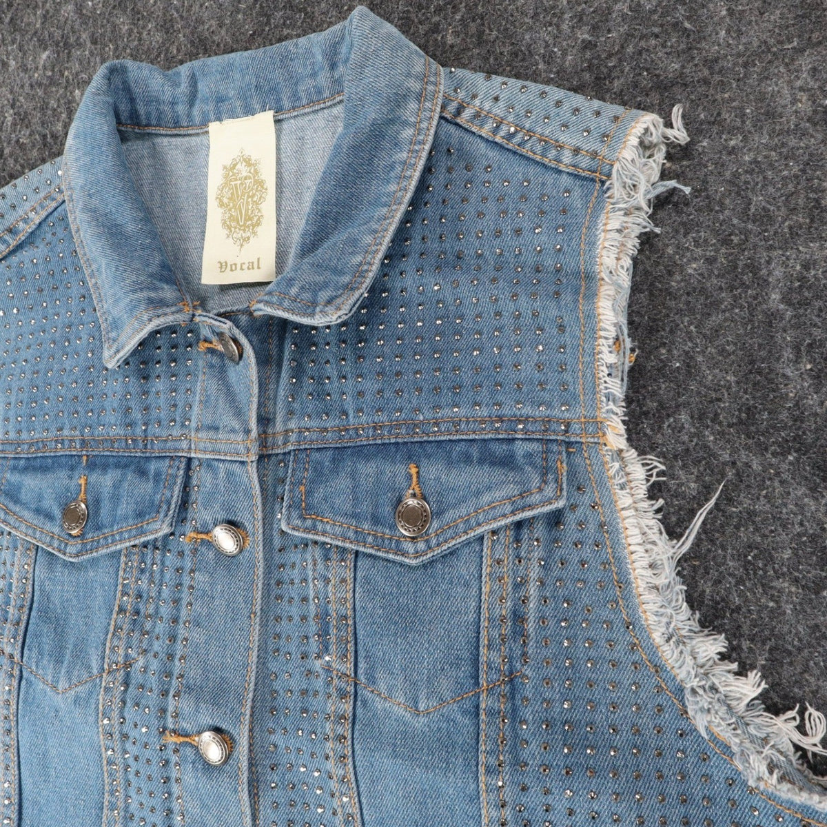 Vocal Denim Vest Womens XL Blue Cotton Studded Rhinestone Frayed Raw Edge Vest - take2supply