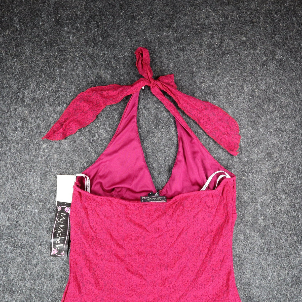 My Michelle Halter Top Large Y2K Pink Floral Lace Tie Neck Lettuce Hem NWT - take2supply