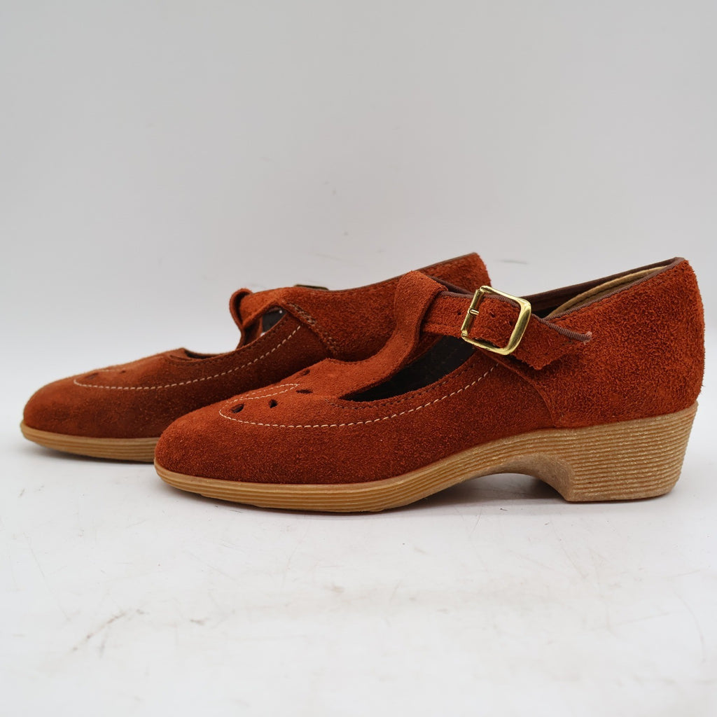 Stride Pacers T-Strap Mary Jane Shoes 9.5M Vintage 70s Rust Suede Deadstock - take2supply