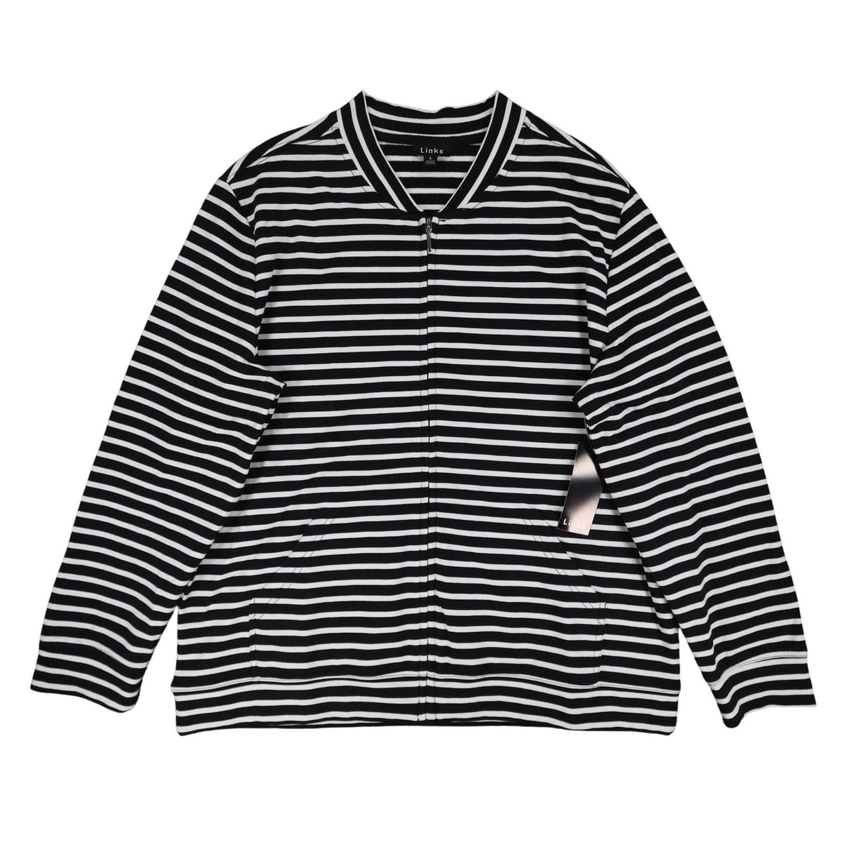 Links Womens L Black White Striped Full Zip Knit Jacket Stretch NWT - take2supply