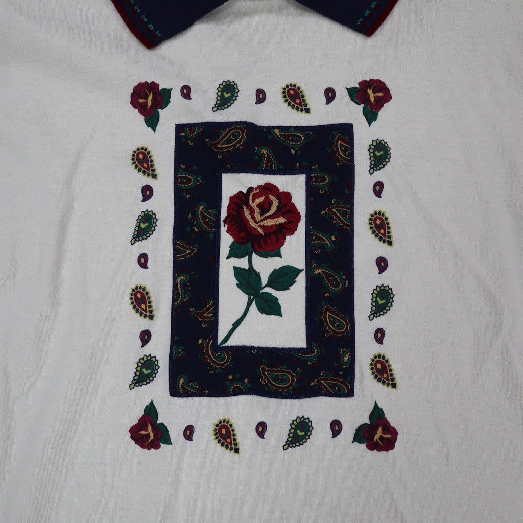 Donnkenny Classics Polo Shirt Womens XL Vintage 90s Ivory Rose Embroidered NWT - take2supply
