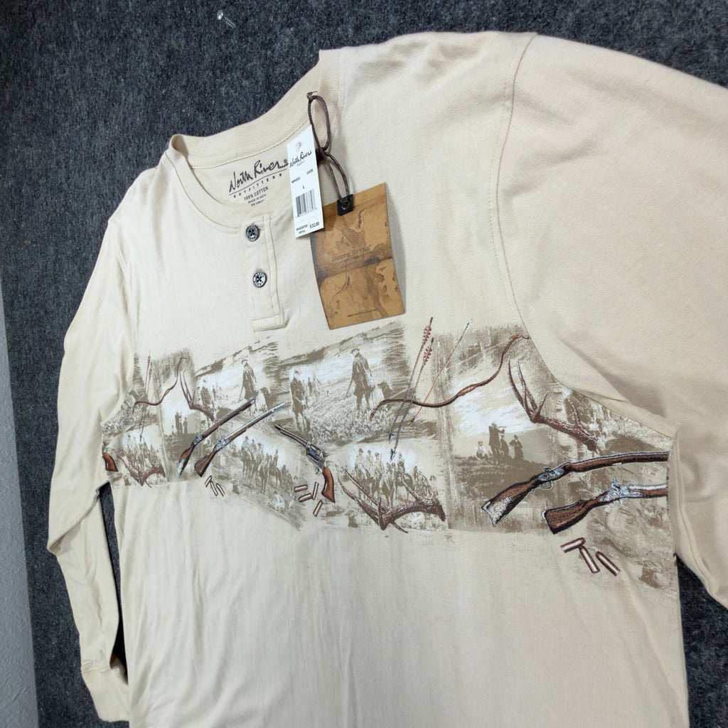 North River Henley Shirt Mens L Oyster Cotton Graphic Hunting Rifle NWT - take2supply