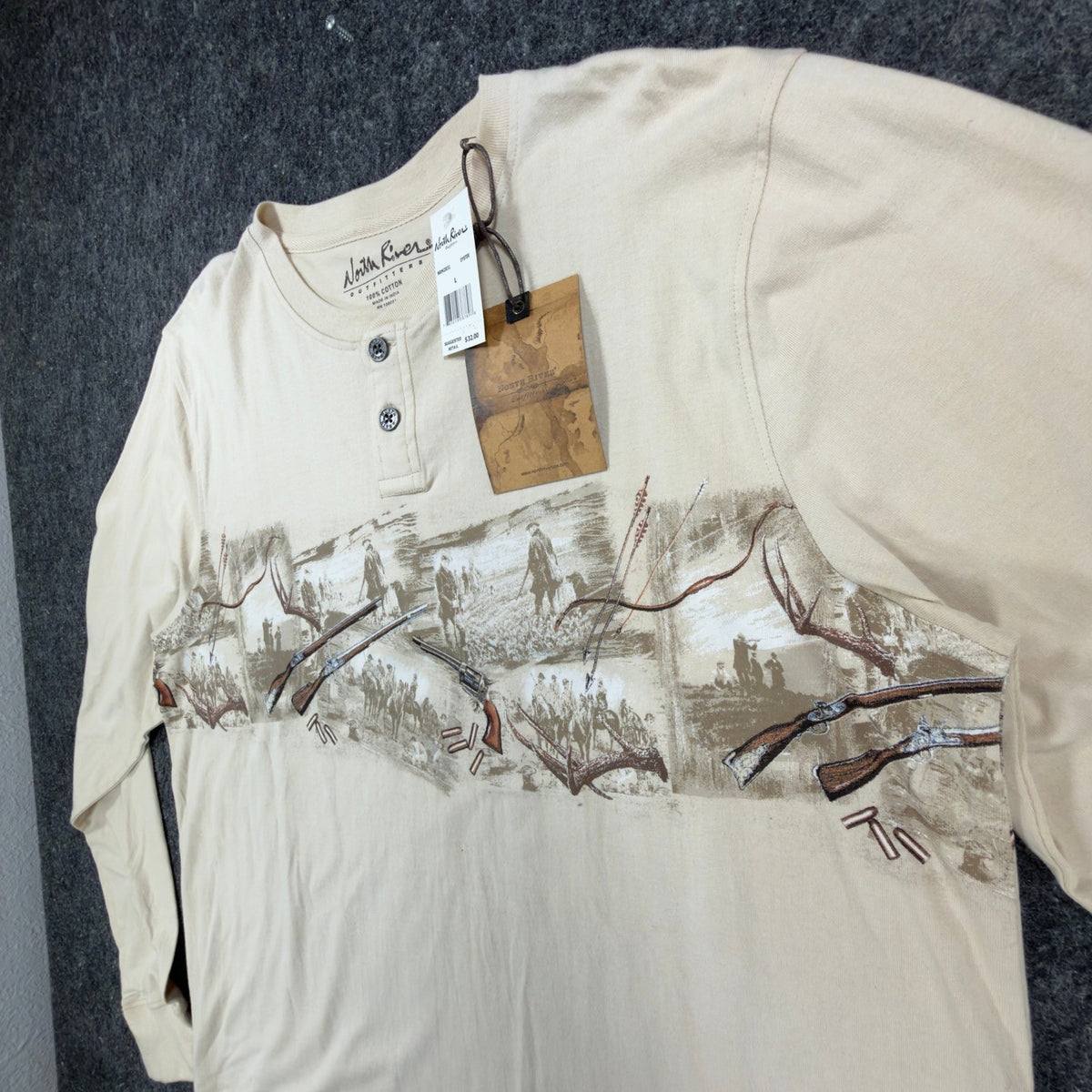 North River Henley Shirt Mens L Oyster Cotton Graphic Hunting Rifle NWT - take2supply