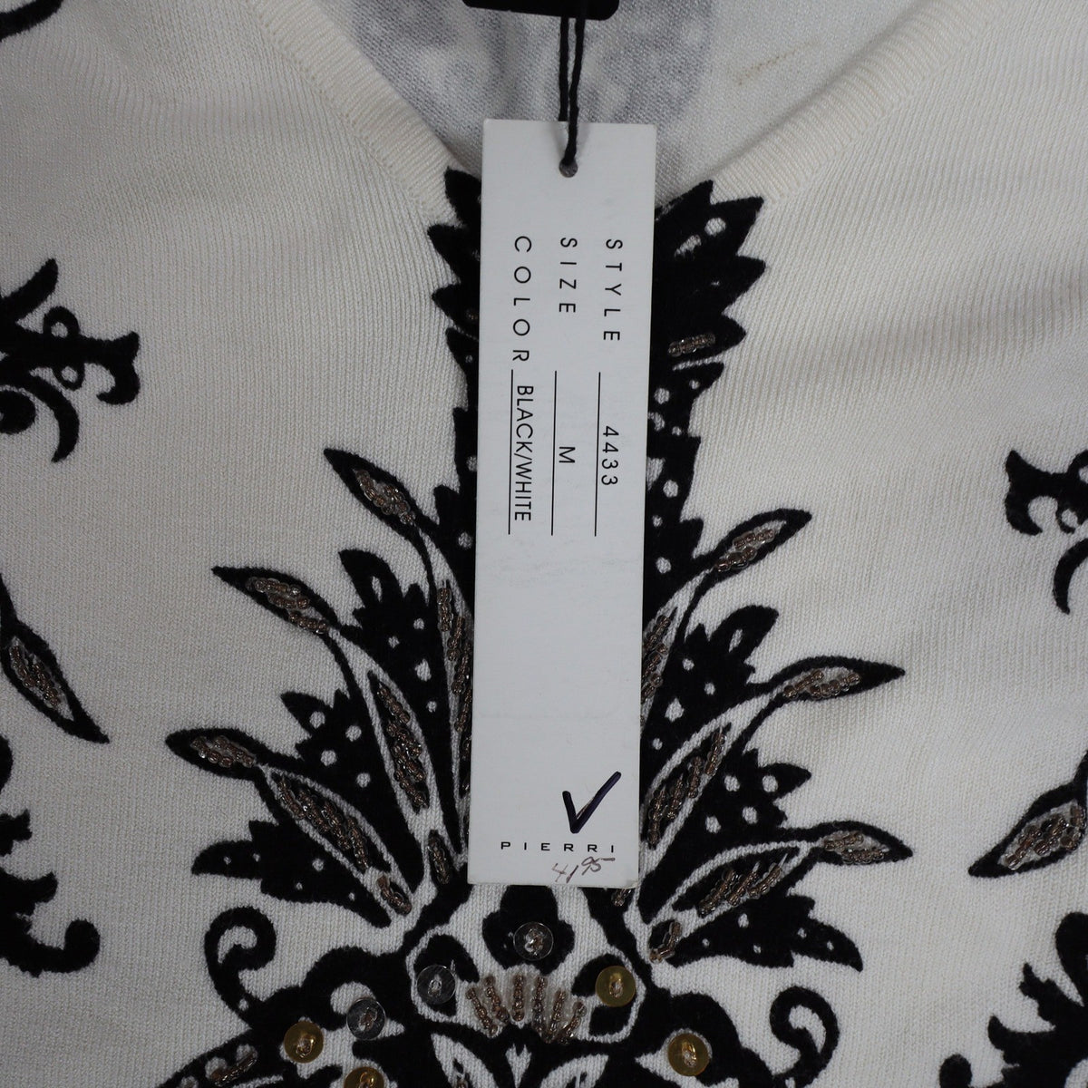 Pierri New York V-Neck Sweater Womens Size M Black White Embellished Baroque - take2supply
