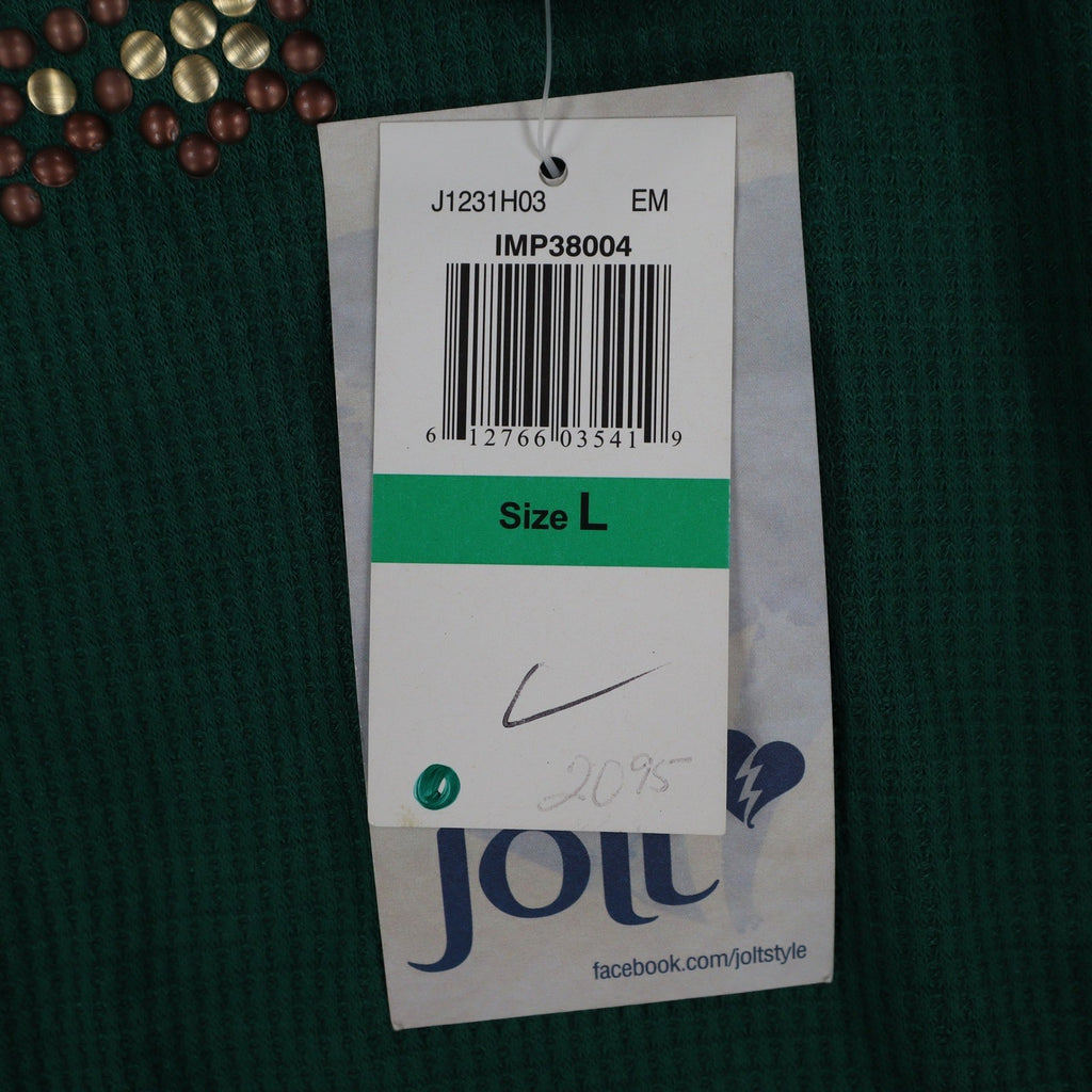 Jolt Owl Studded Thermal Top Womens Large Green Waffle Knit Raglan NWT - take2supply