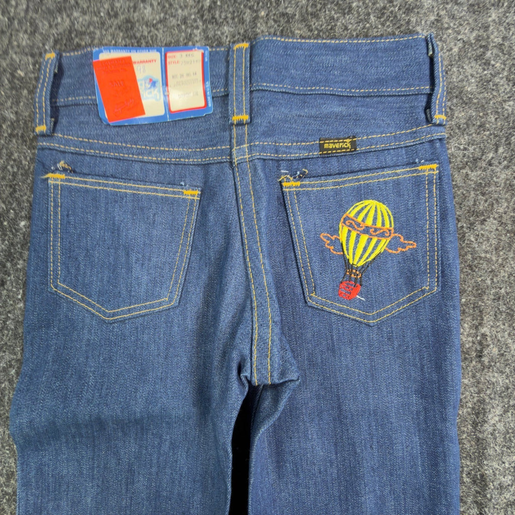 Maverick Vintage 70s Kids Jeans Size 3 Reg Blue Denim Hot Air Balloon Deadstock - take2supply