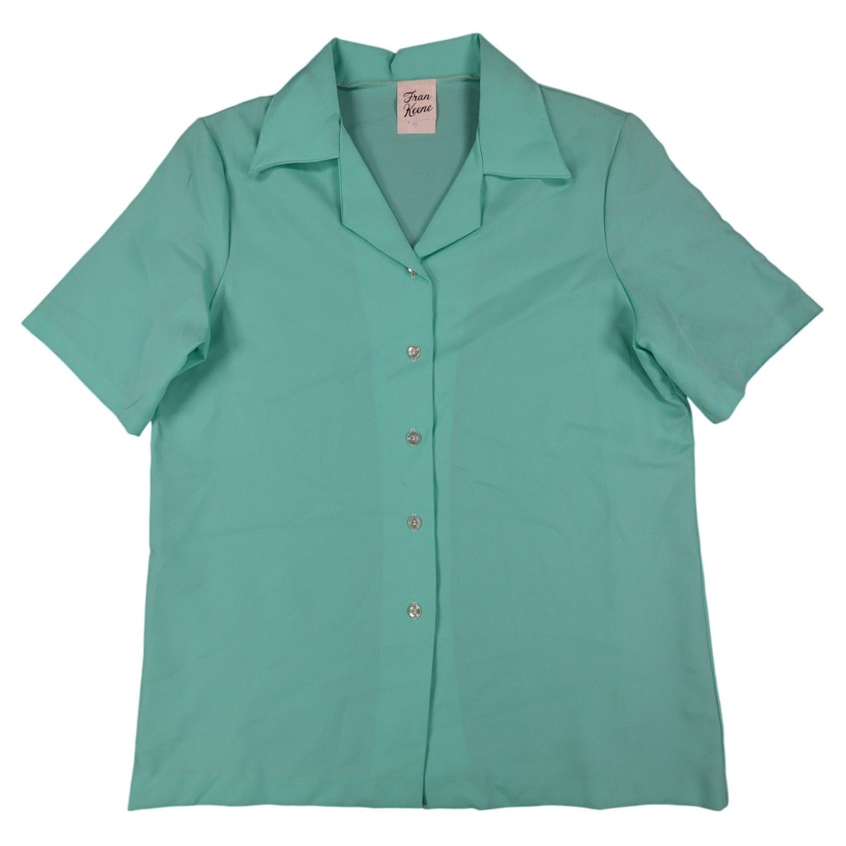 Fran Keene Vintage 70s Blouse Womens 10 Aqua Mint Green Short Sleeve Button Up - take2supply