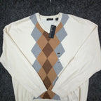 Van Heusen Argyle V-Neck Sweater Mens XL Cream Brown Grey Cotton NWT - take2supply