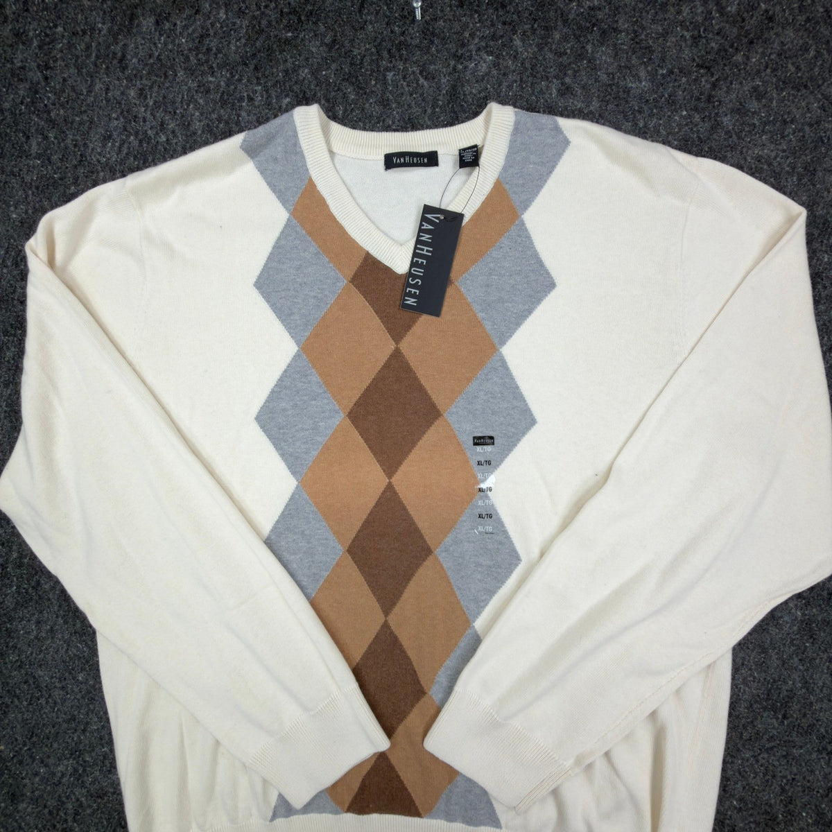 Van Heusen Argyle V-Neck Sweater Mens XL Cream Brown Grey Cotton NWT - take2supply