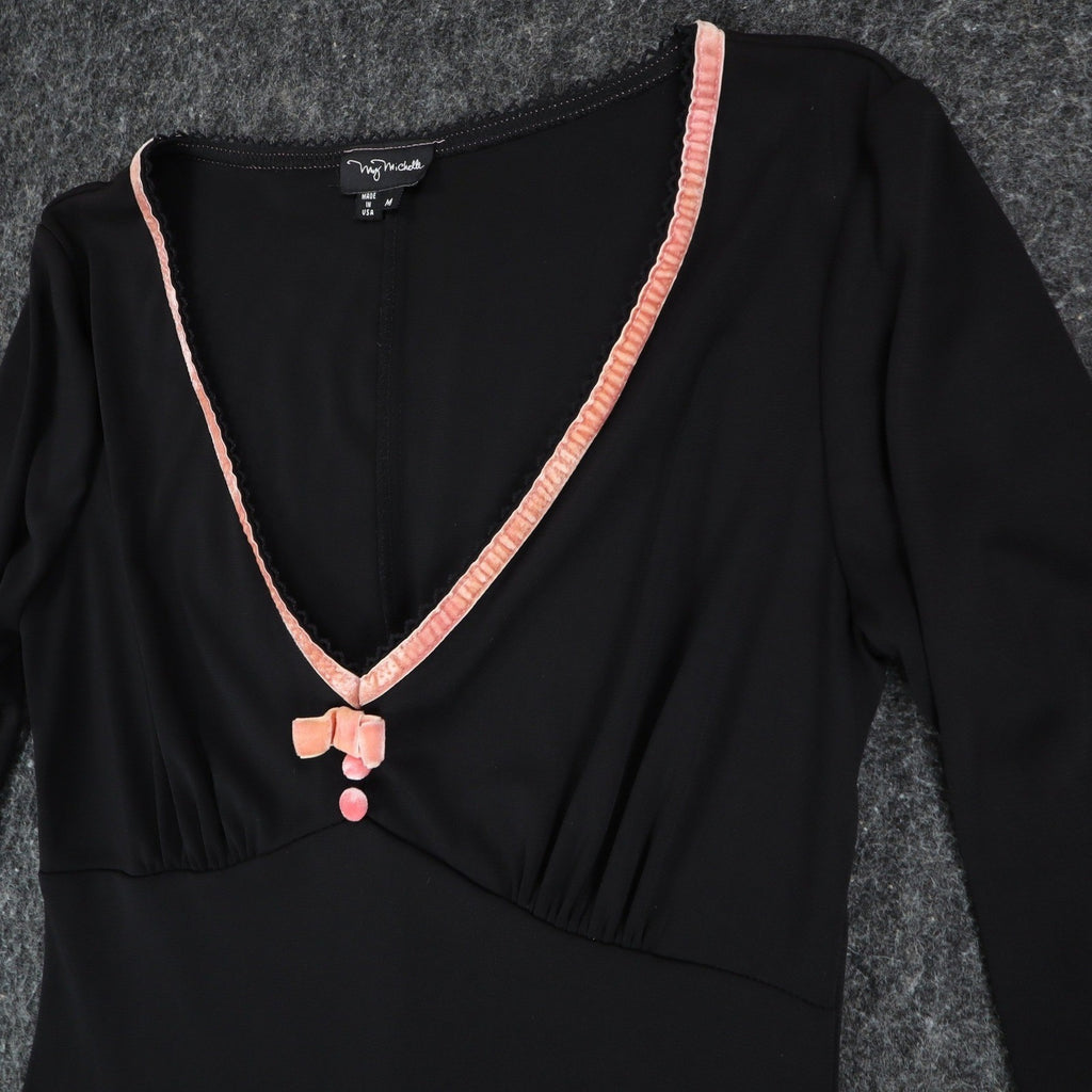 My Michelle Dress Medium Women Y2K Black Pink Velvet Trim V-Neck Sheath C832 - take2supply