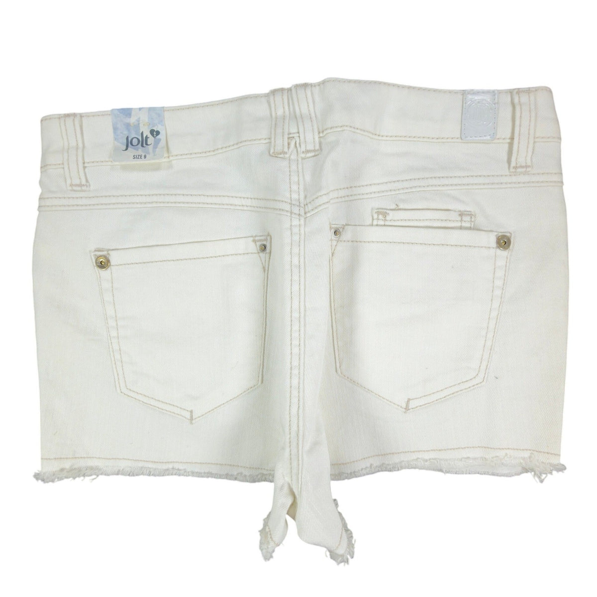 White Jolt denim shorts, back view with patch pockets