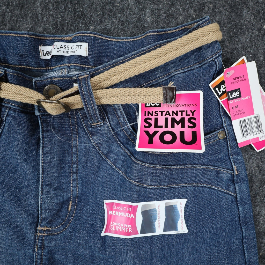 Lee Bermuda Shorts Women 6 M Classic Fit Carolina Blue Denim Stretch Belted NWT - take2supply
