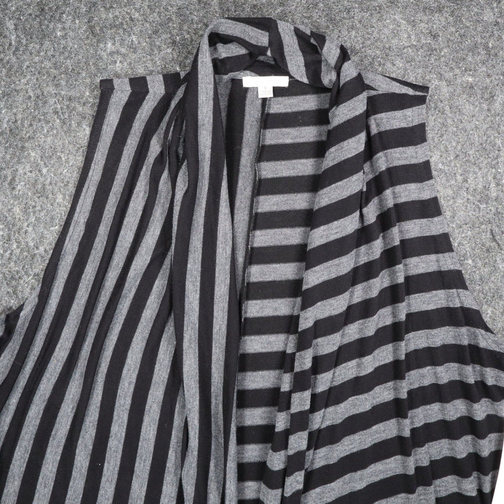 Erin London Open Front Vest Womens Large Black Grey Striped Draped Waterfall Hem - take2supply