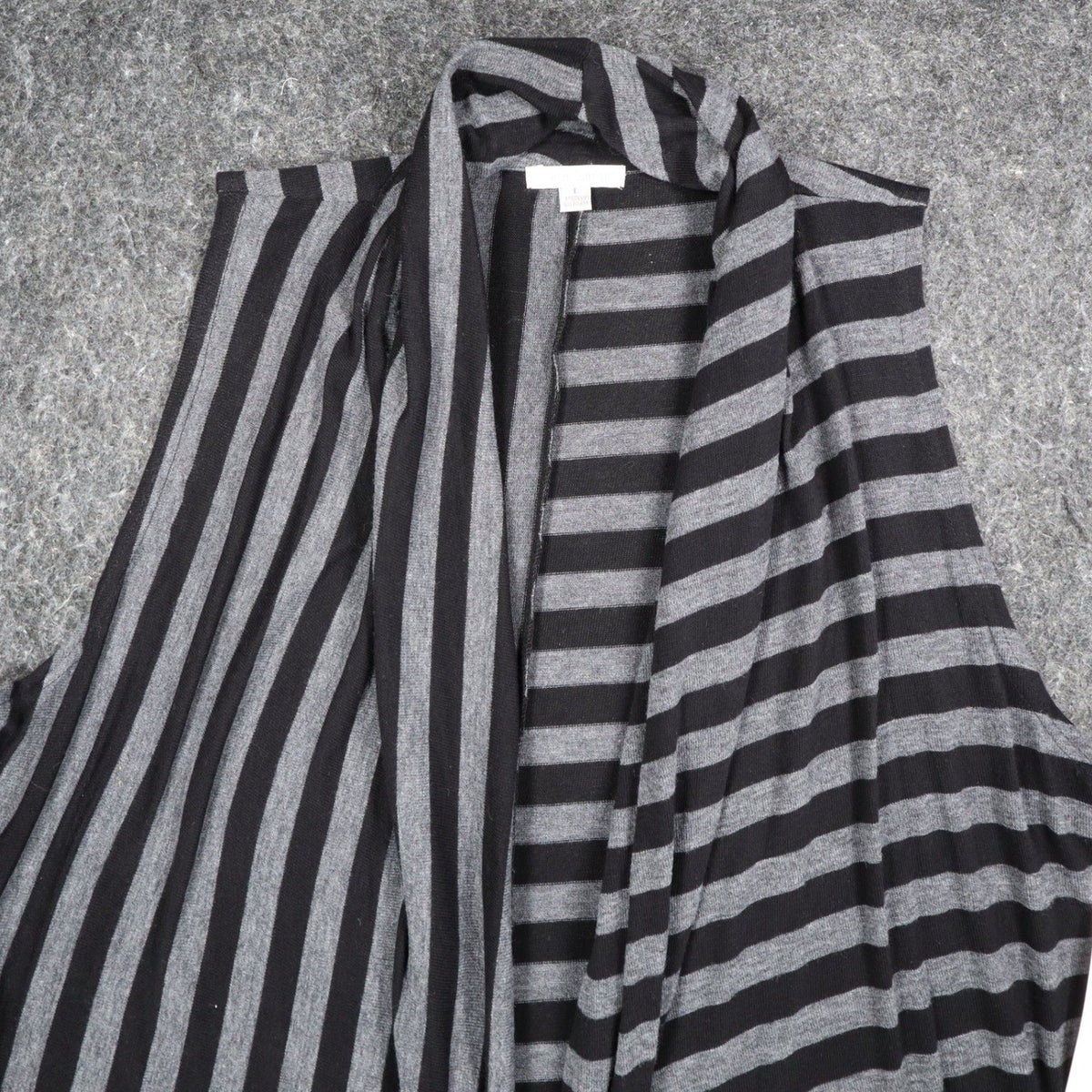 Erin London Open Front Vest Womens Large Black Grey Striped Draped Waterfall Hem - take2supply