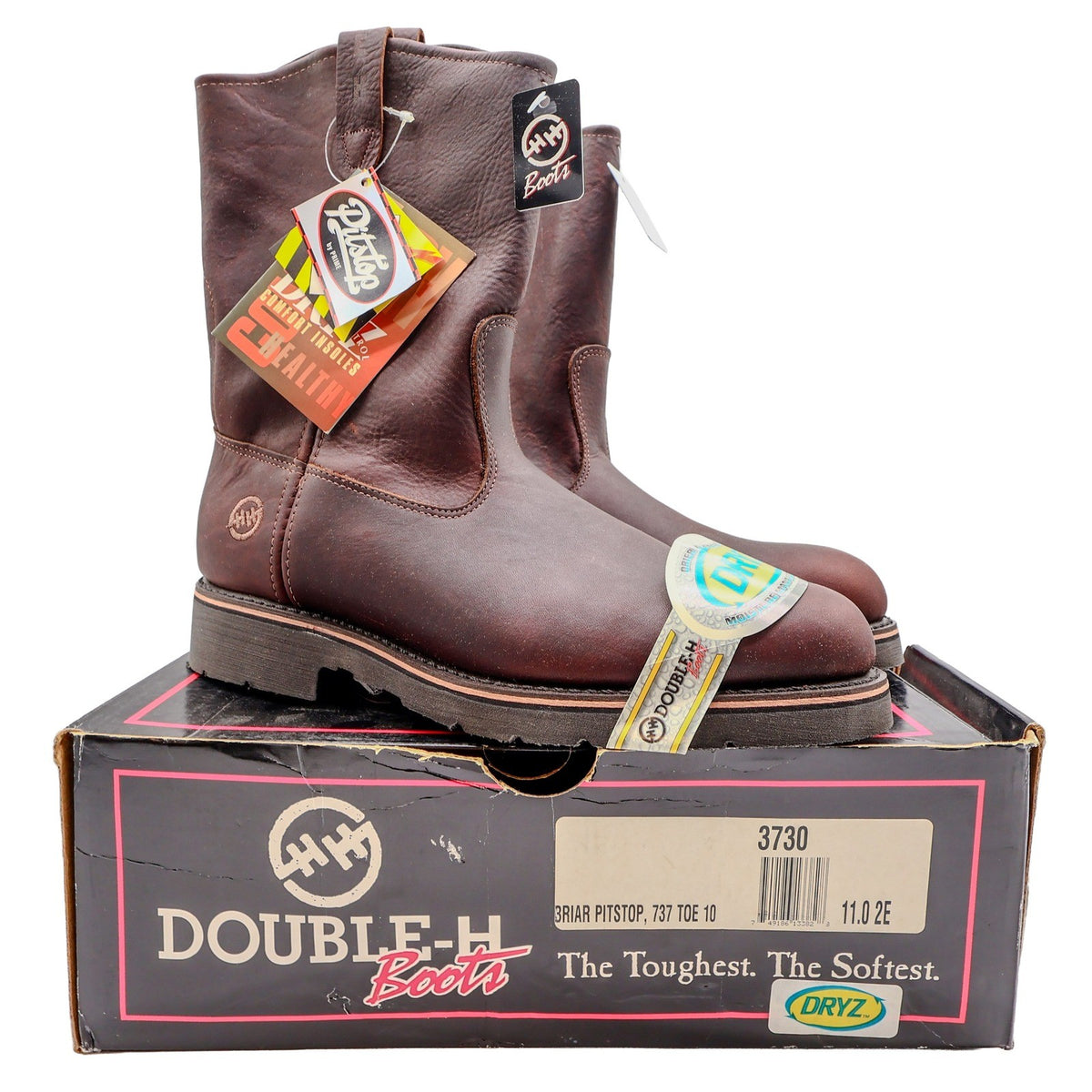 Pair of dark brown Double-H pull-on boots displayed on a Double-H shoebox