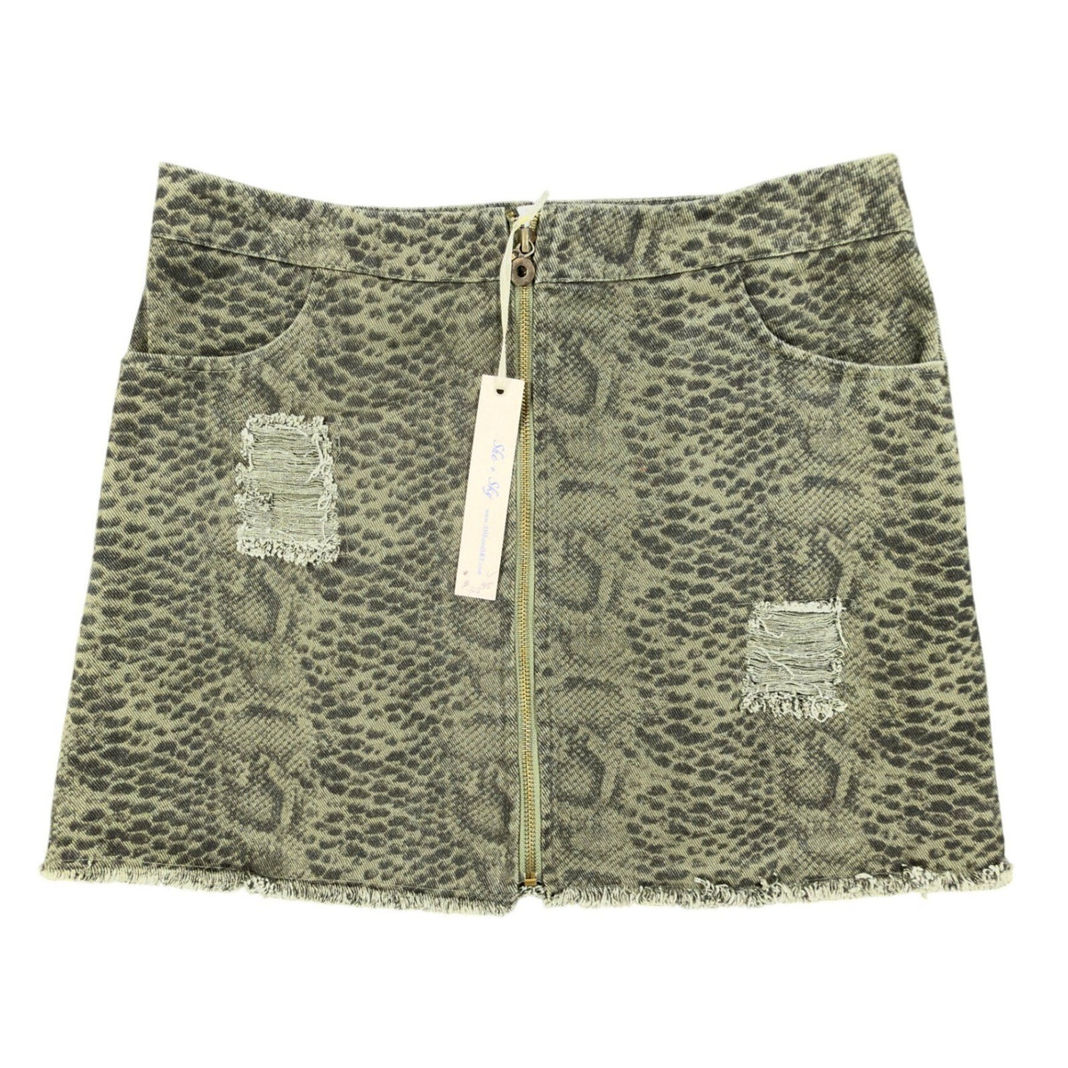 She + Sky Snake Print Mini Skirt Womens Large Olive Green Distressed New C714 - take2supply
