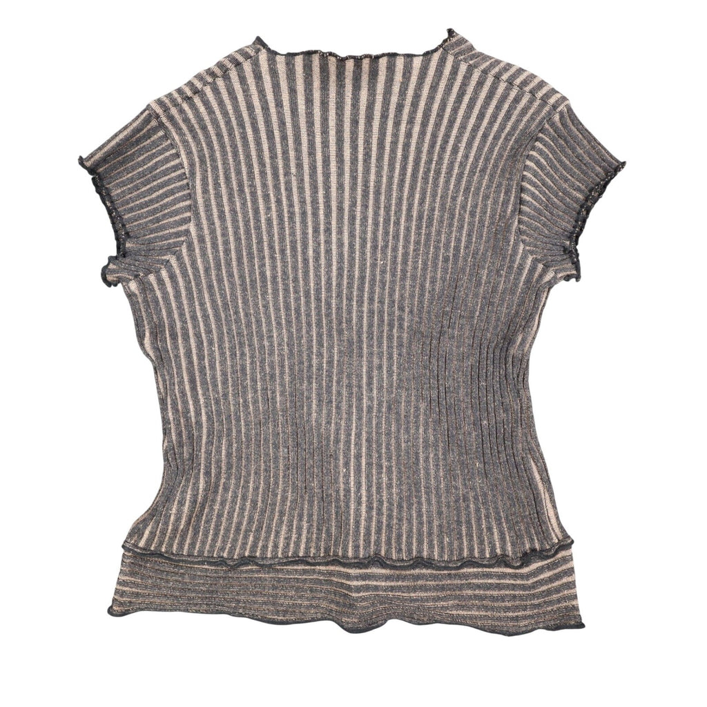 Chic Knits Lanalee Cardigan Large Y2K Taupe Striped Buckle Lettuce Edge NEW - take2supply