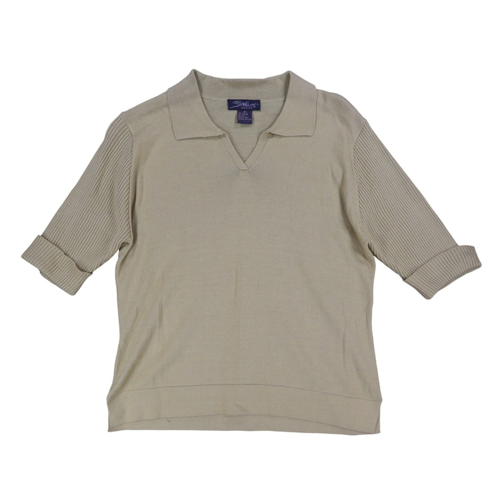 SML Design Polo Sweater Women Medium Tan Short Sleeve Cotton Blend Ribbed NWT - take2supply