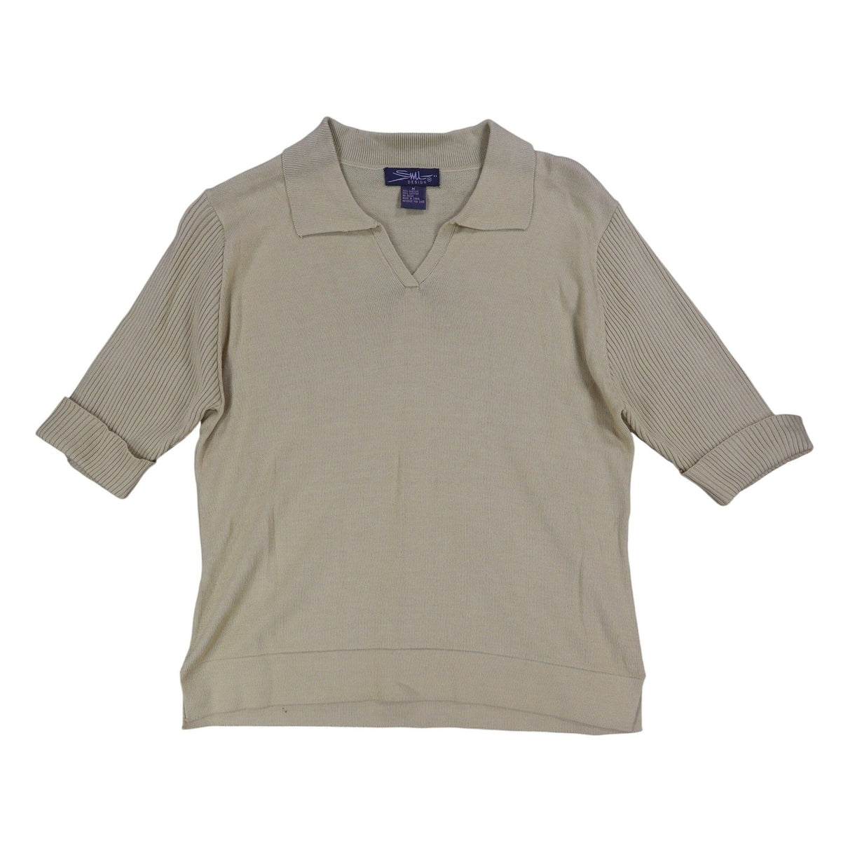 SML Design Polo Sweater Women Medium Tan Short Sleeve Cotton Blend Ribbed NWT - take2supply