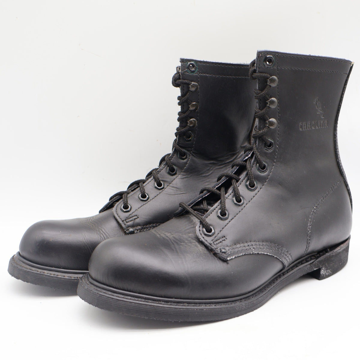 Black Carolina lace-up work boots, opposite angled front view