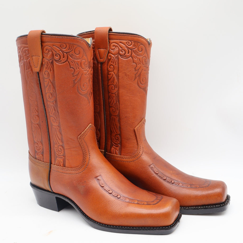 Acme Vintage Western Boots Kids 4.5D Tan Leather Square Toe Cowboy 2418 USA Made - take2supply