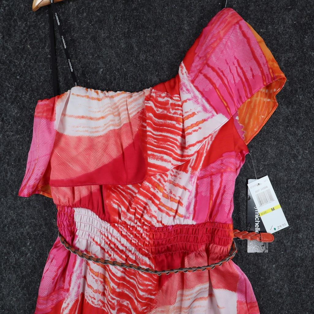 My Michelle One Shoulder Dress Womens Medium Pink Orange Abstract Print NWT - take2supply