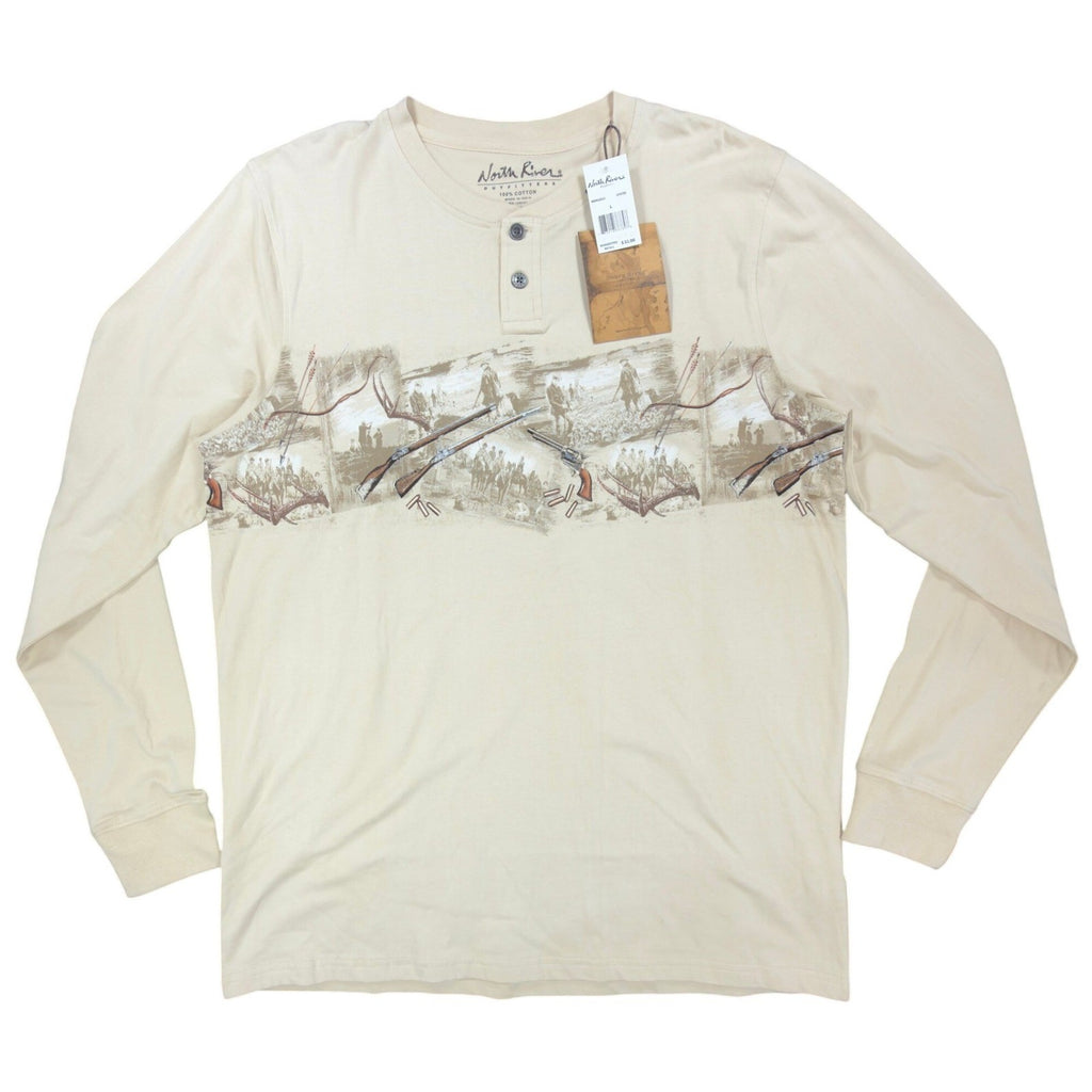 North River Henley Shirt Mens L Oyster Cotton Graphic Hunting Rifle NWT - take2supply