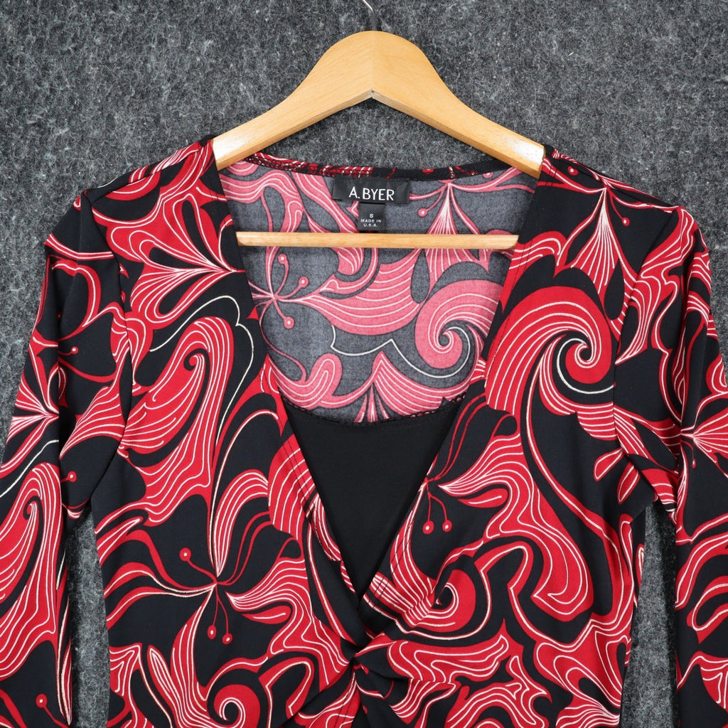 A. Byer Top Womens Small Y2K Red Black Floral Swirl Faux Wrap Twist Front NWT - take2supply