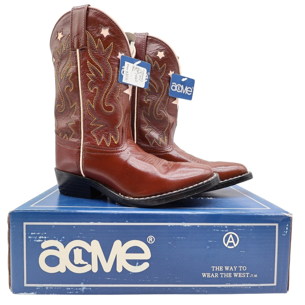 Acme Western Boots Childs 1 D Brown Star Inlay Leather New In Box Vintage Style - take2supply