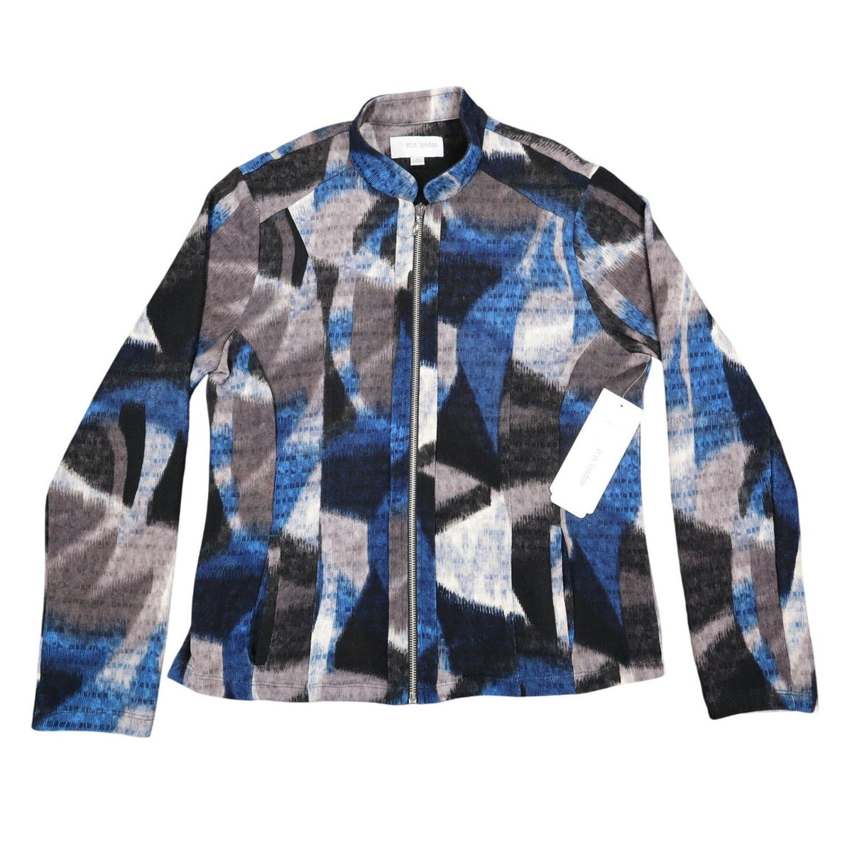 Erin London Women Medium Full Zip Jacket Blue Grey Abstract Grid Search 96455 - take2supply