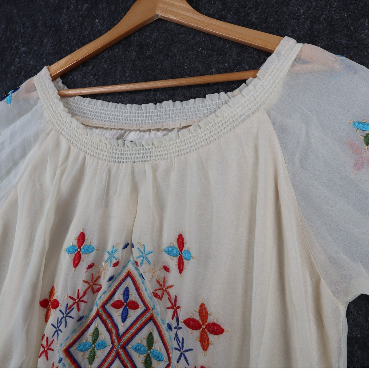 Angie Embroidered Smocked Blouse Womens Size Medium Ivory Boho Sheer Sleeve Top - take2supply