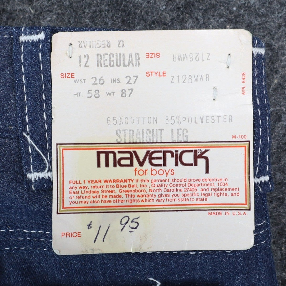 Maverick Straight Leg Jeans Boys 12 Regular Vintage Deadstock USA Blue Denim - take2supply