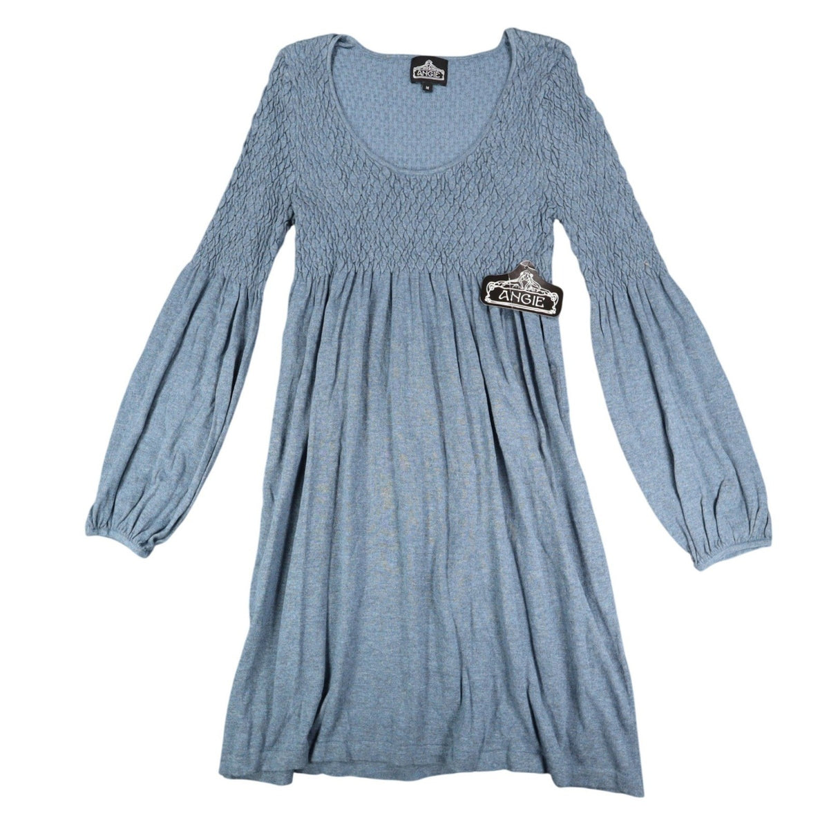 Angie Dress Womens Size M Blue Smocked Knit Bell Sleeve Mini Boho Y2K X4325 - take2supply