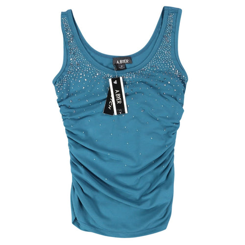 A. Byer Tank Top Womens Medium Y2K Teal Blue Ruched Beaded Stretch C799 - take2supply